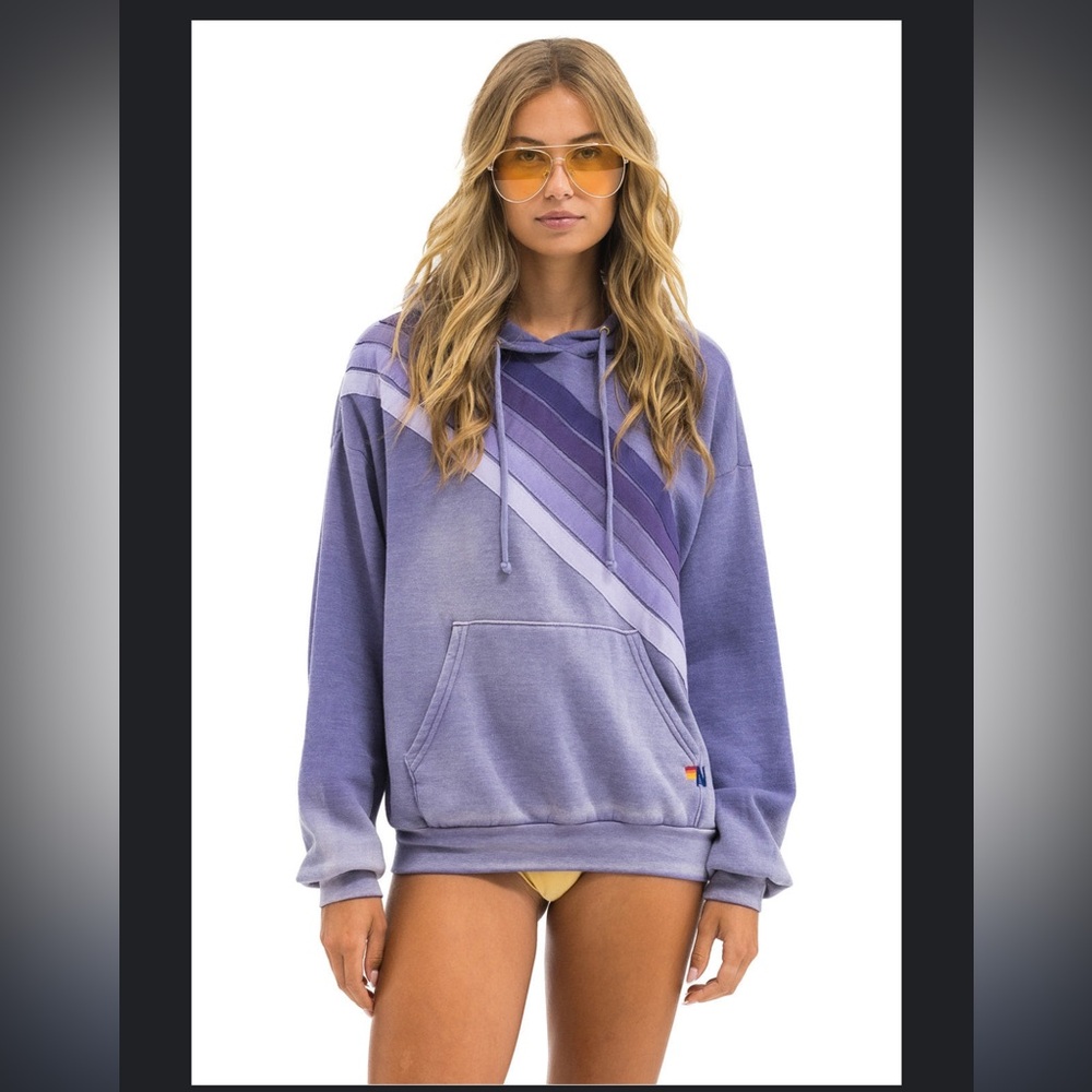 Aviator Nation- CROSS STRIPE RELAXED PULLOVER HOODIE - FADED GRAPE. NWT